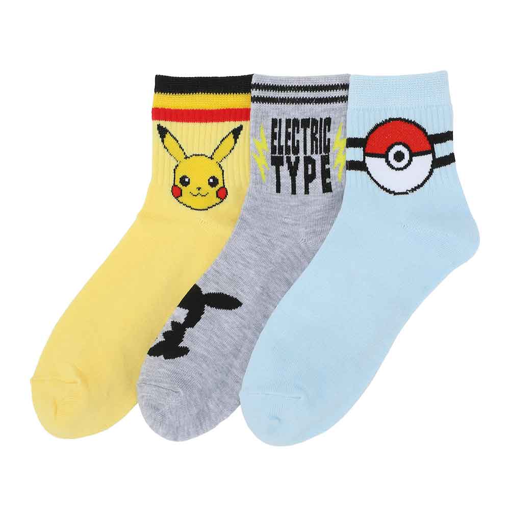 Pokemon Pikachu Electric Type 3 Pair Quarter Crew Socks