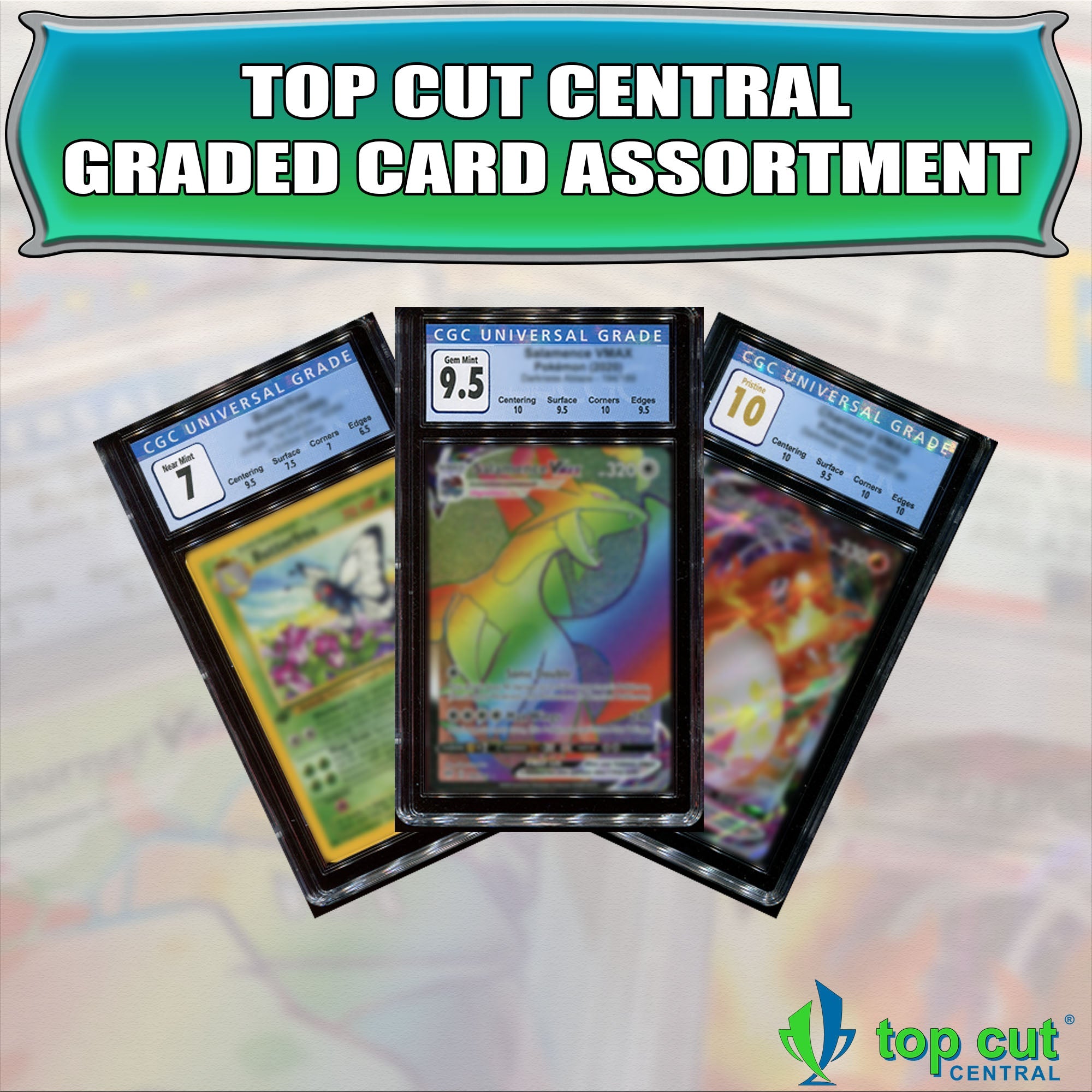 Top Cut Central Graded Card Assortment - 3 Random PSA or CGC Graded & Authenticated Encased Pokemon Cards (Perfect for Display)