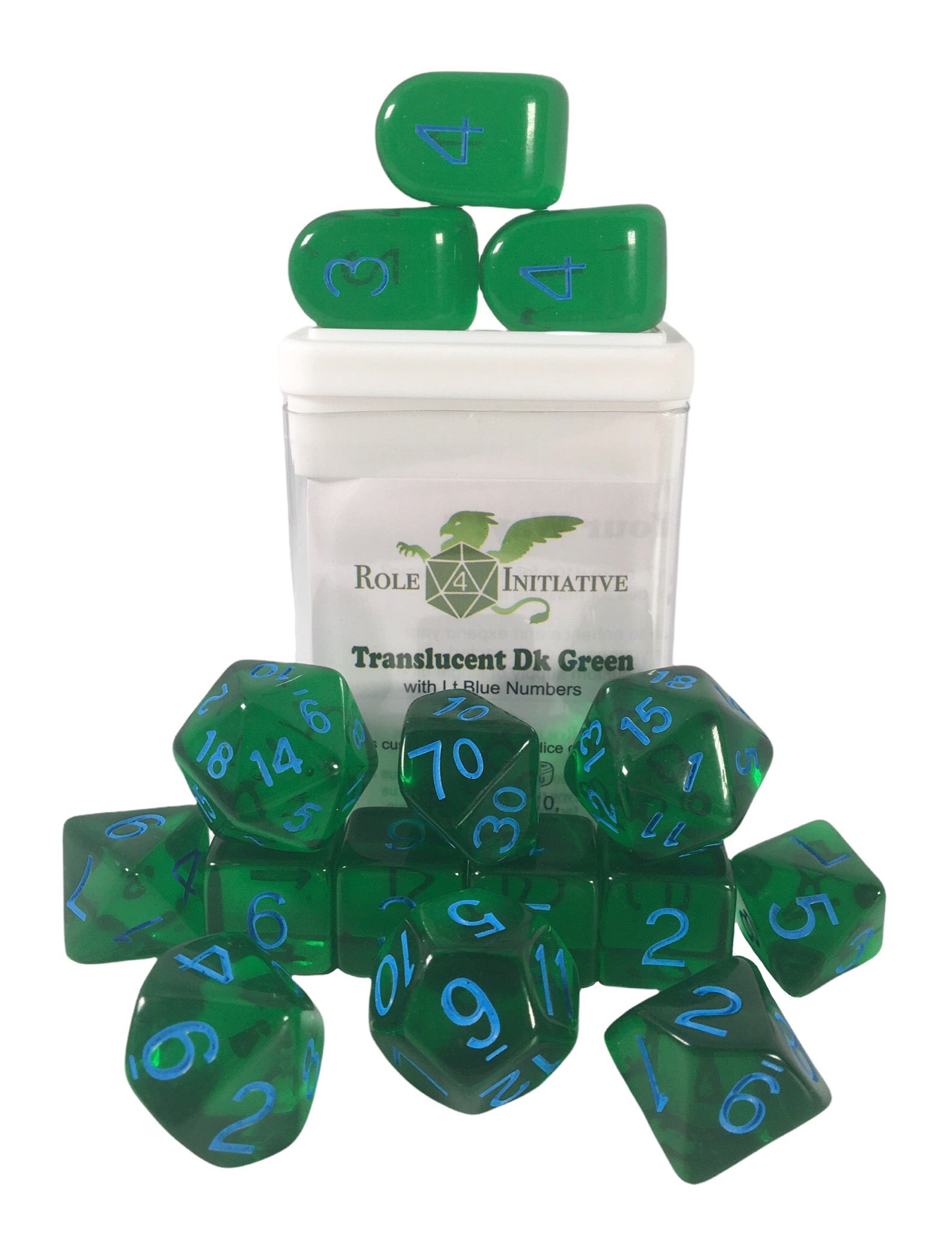 Role 4 Initiative Set of 15 Dice with Arch D4 Translucent Dark Green with Light Blue