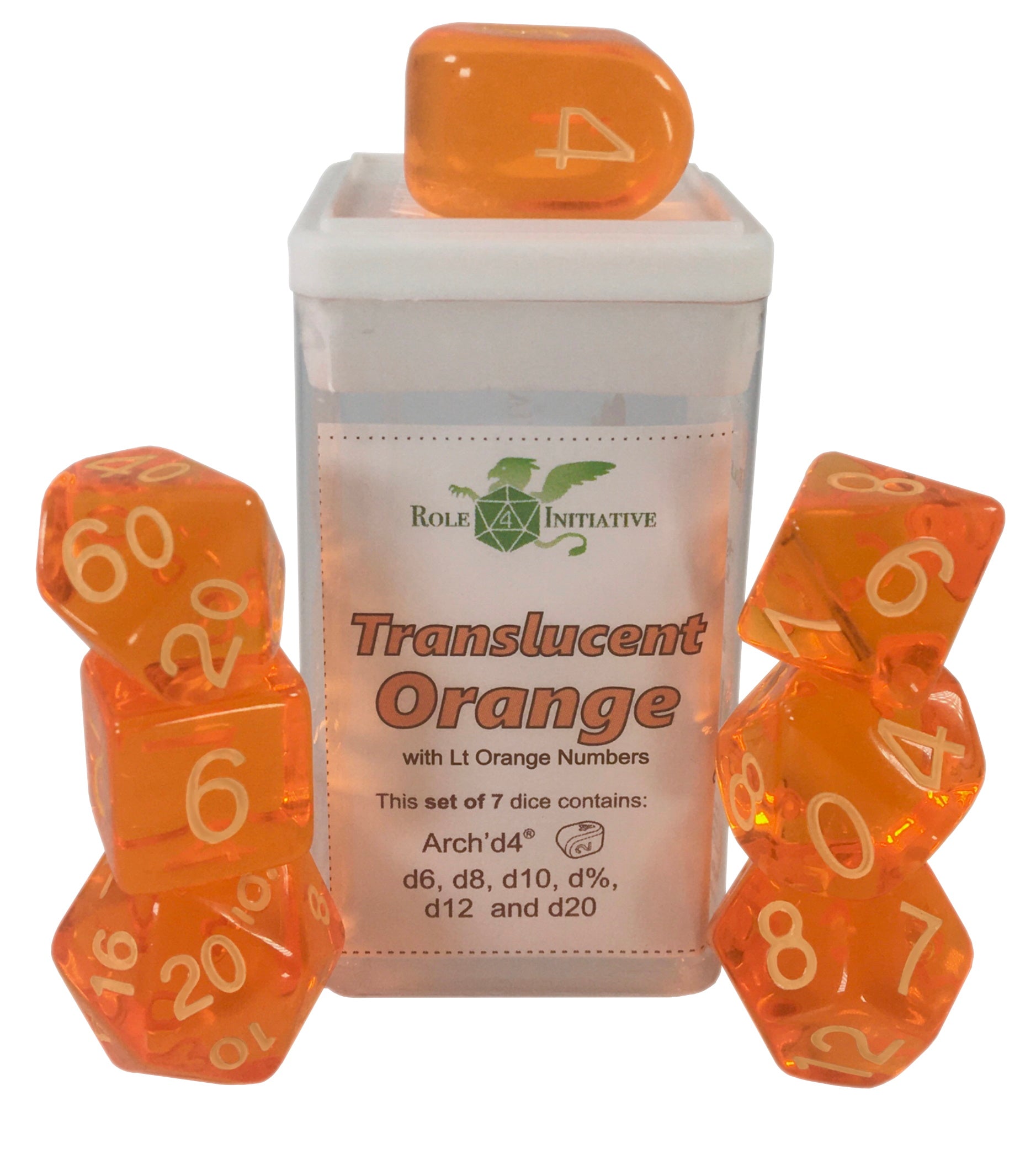 Role 4 Initiative Set of 7 Dice with Arch D4 Translucent Orange with Light Orange
