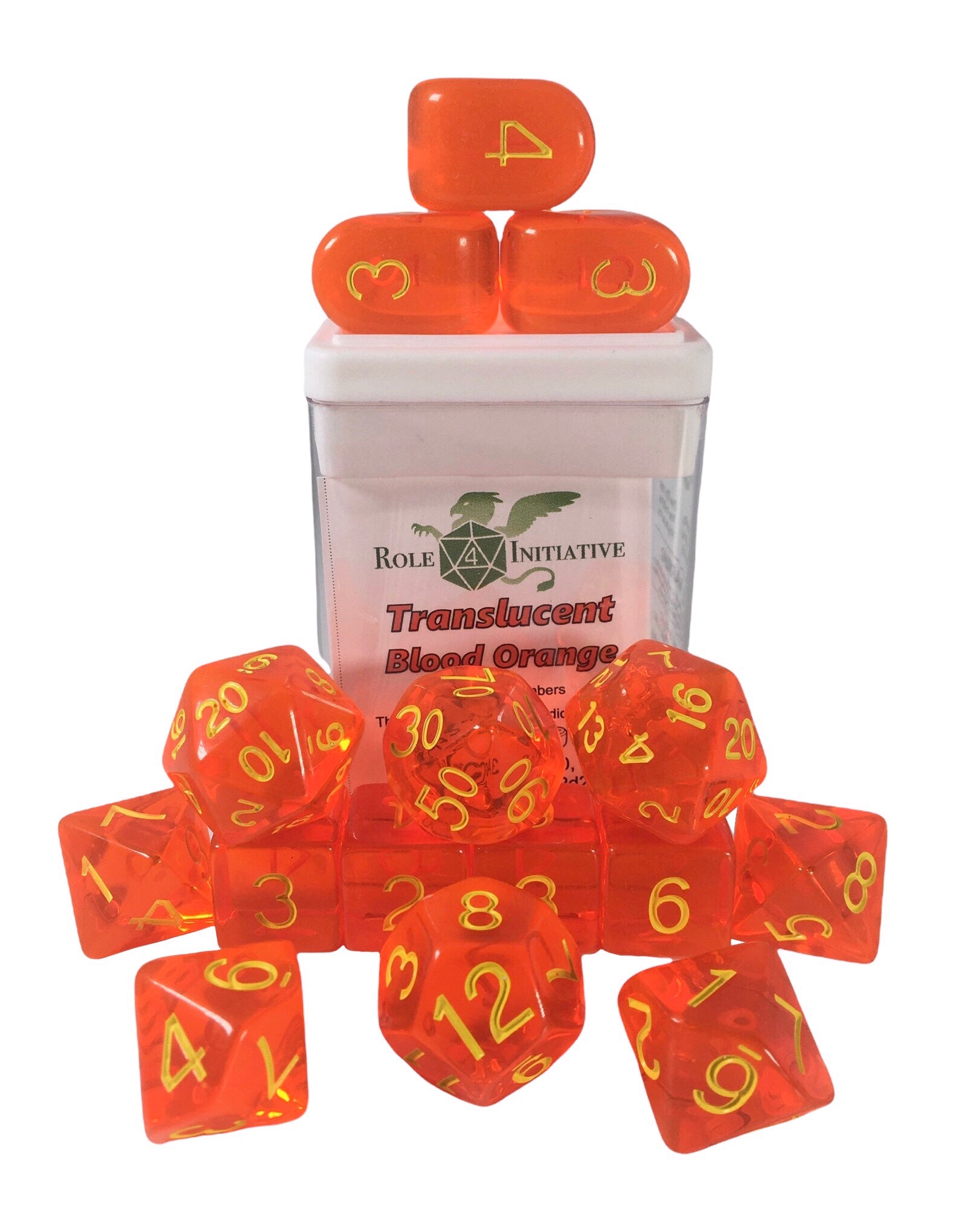 Role 4 Initiative Set of 15 Dice with Arch D4 Translucent Blood Orange with Yellow