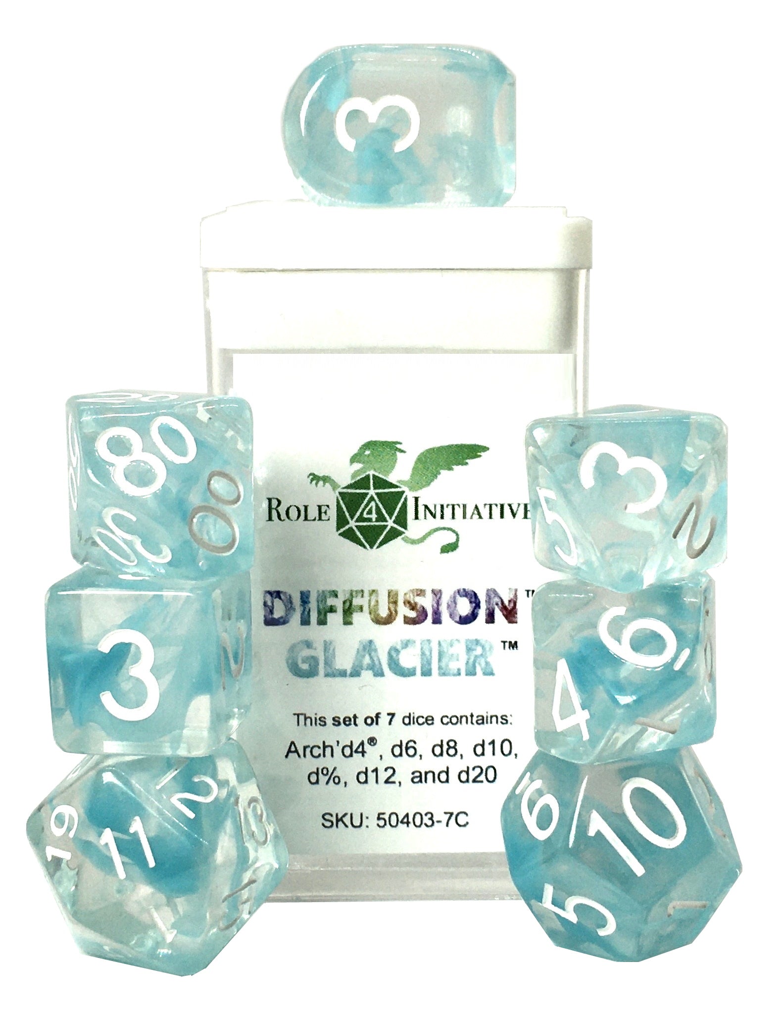 Role 4 Initiative Set of 7 Dice with Arch D4 Diffusion Glacier