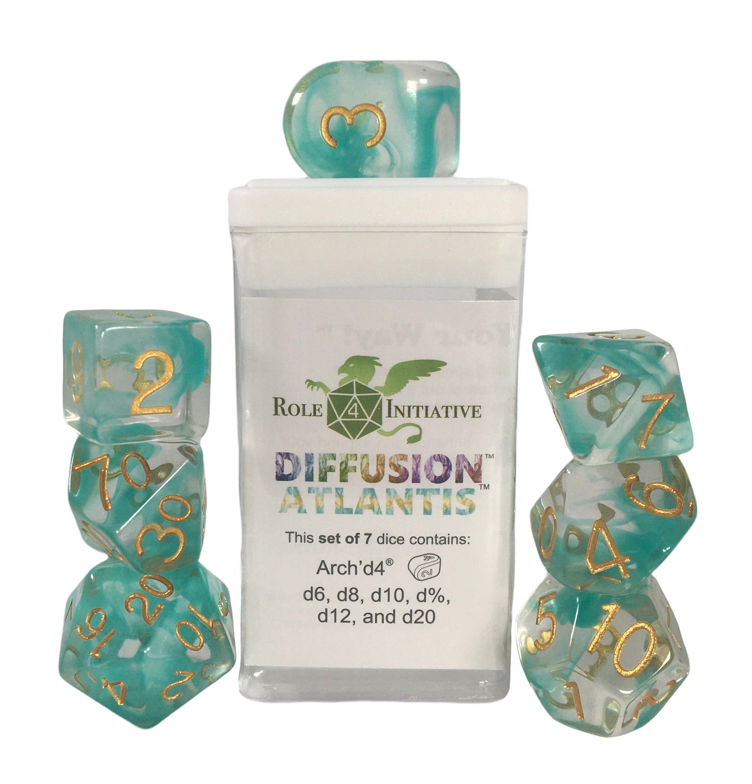 Role 4 Initiative Set of 7 Dice with Arch D4 Diffusion Atlantis