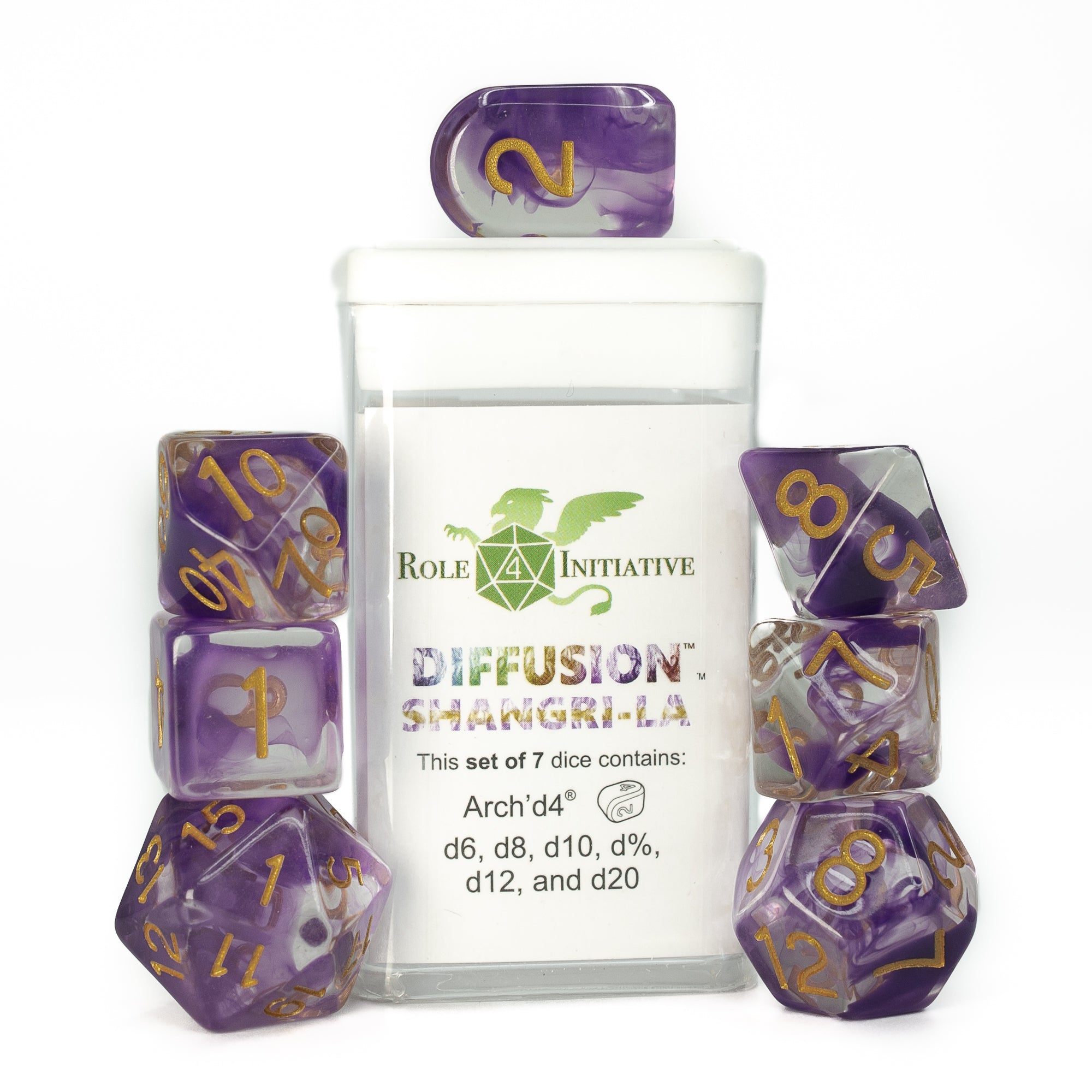 Role 4 Initiative Set of 7 Dice with Arch D4 Diffusion Shangri La
