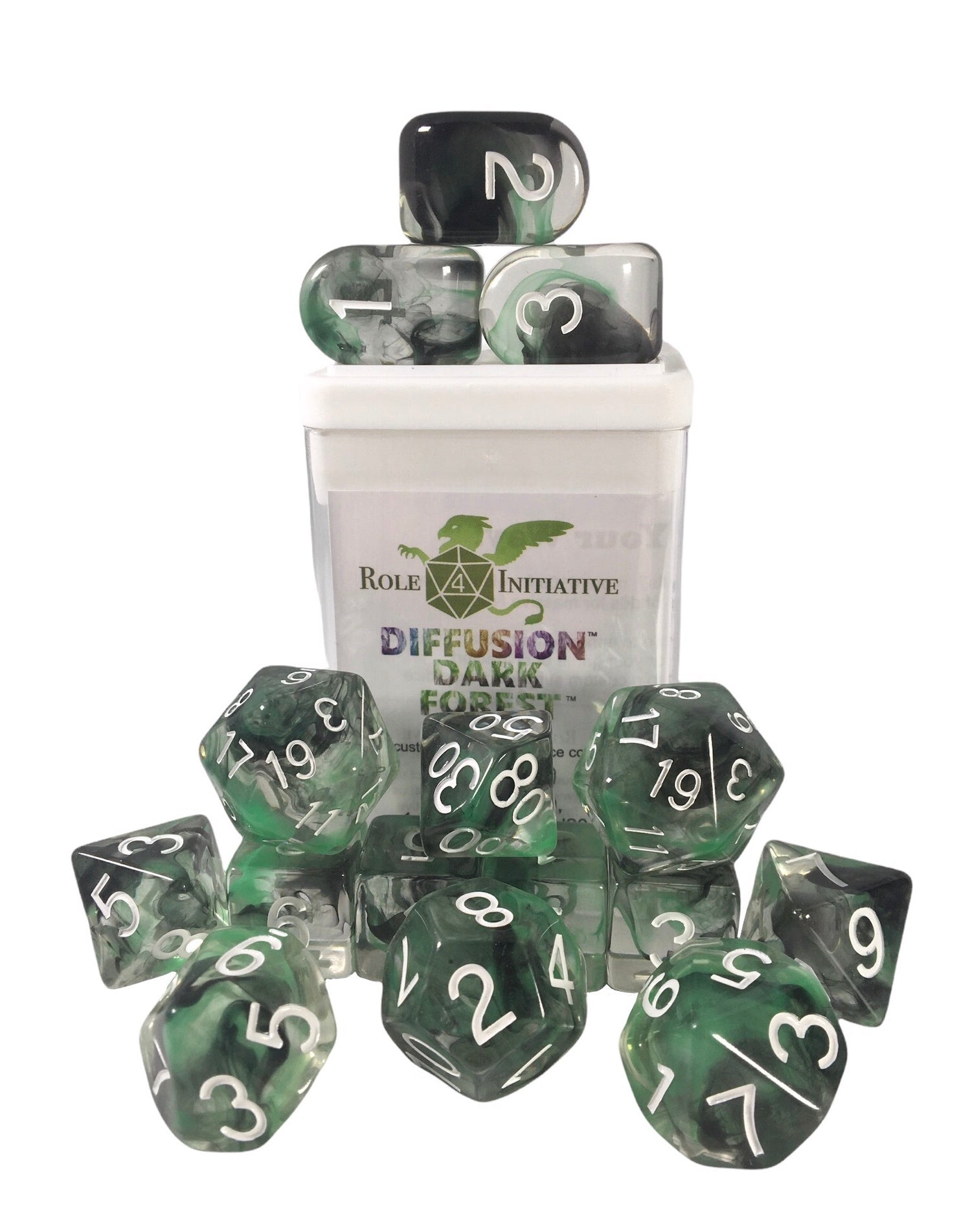 Role 4 Initiative Set of 15 Dice with Arch D4 Diffusion Dark Forest