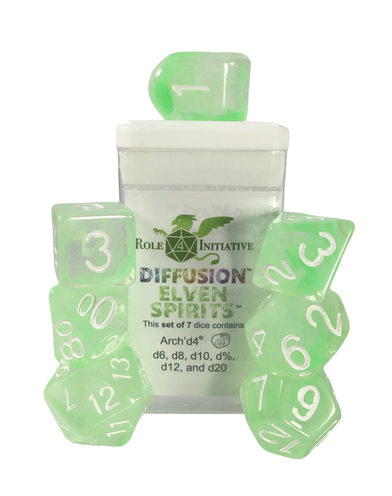 Role 4 Initiative Set of 7 Dice with Arch D4 Diffusion Elvin Spirits