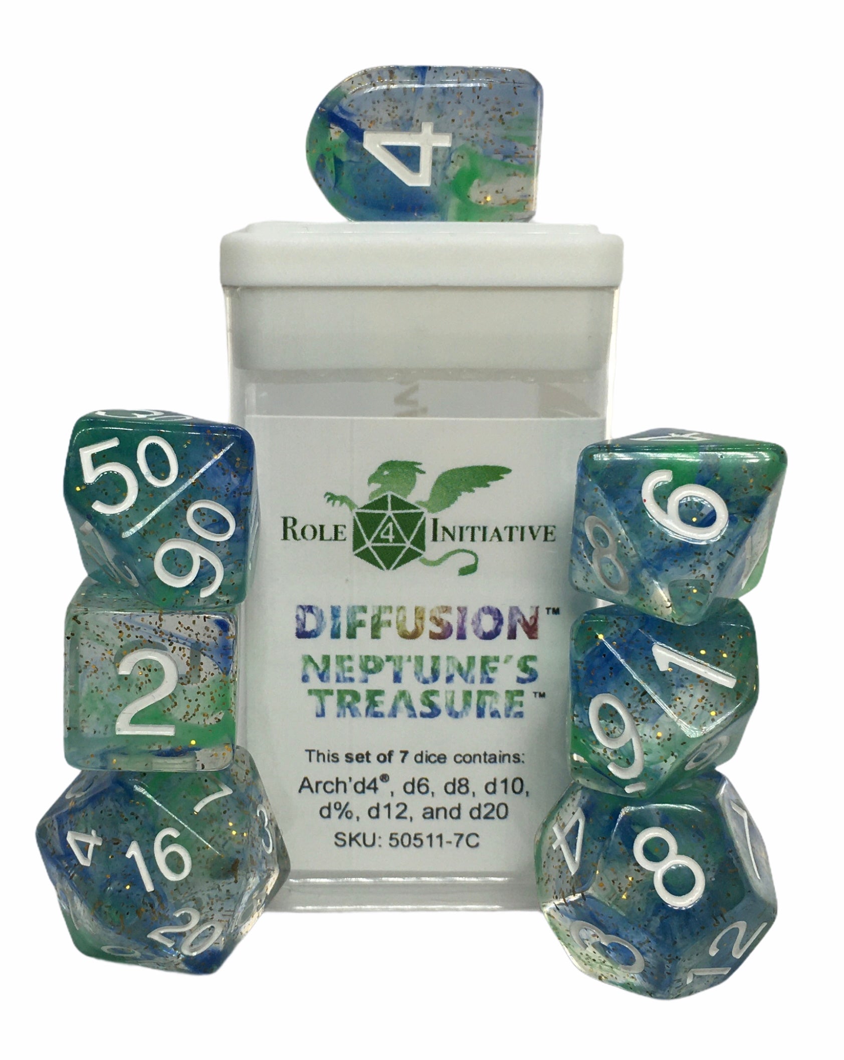 Role 4 Initiative Set of 7 Dice with Arch D4 Diffusion Neptunes Treasure