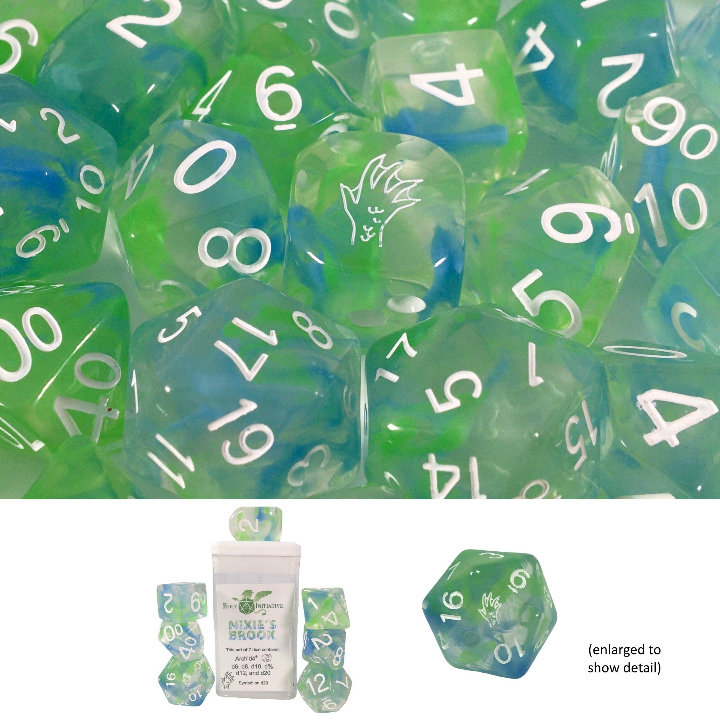 Role 4 Initiative Set of 7 Dice with Arch D4 Diffusion Nixies Brook with Symbol
