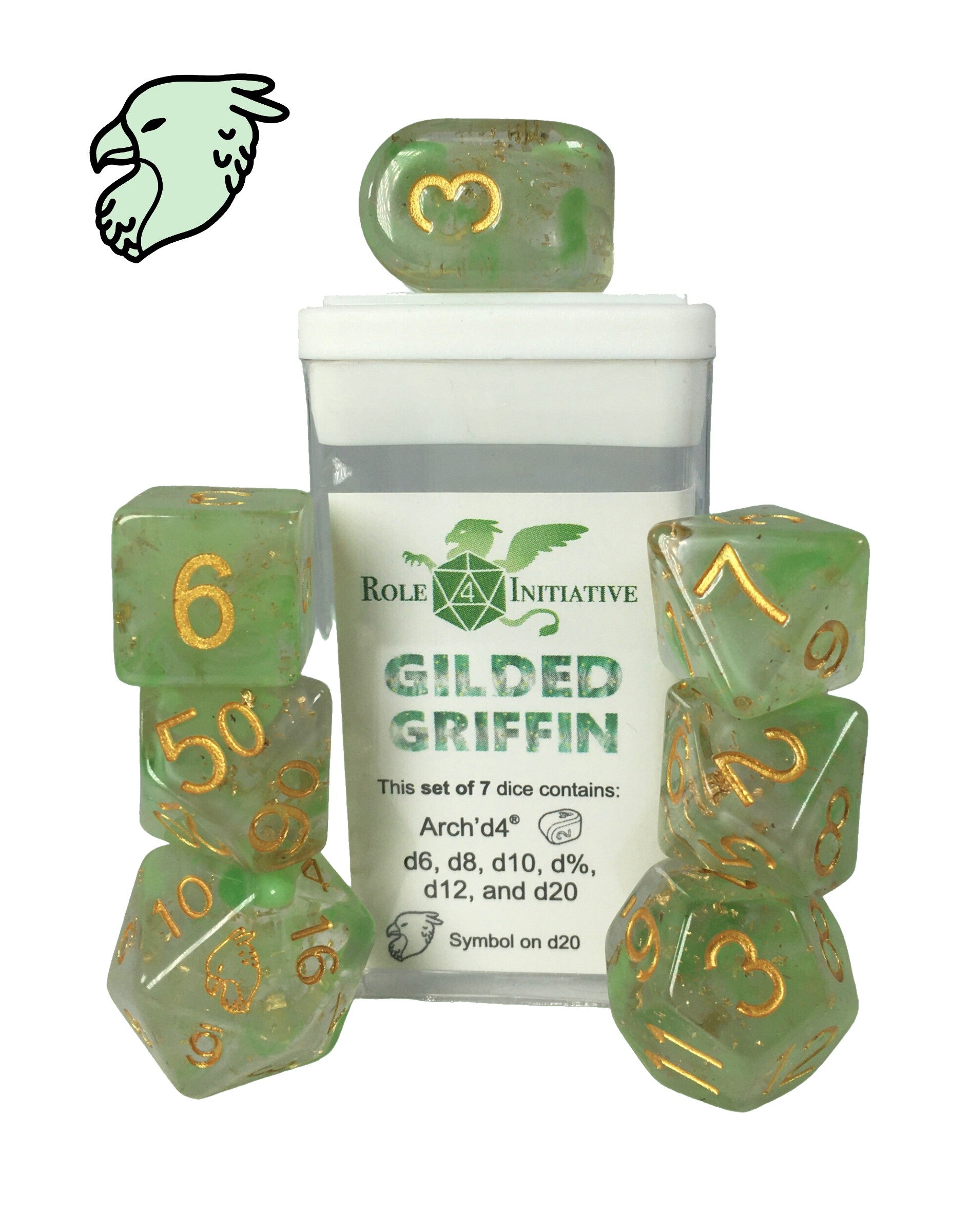Role 4 Initiative Set of 7 Dice with Arch D4 Diffusion Gilded Griffin with Symbol