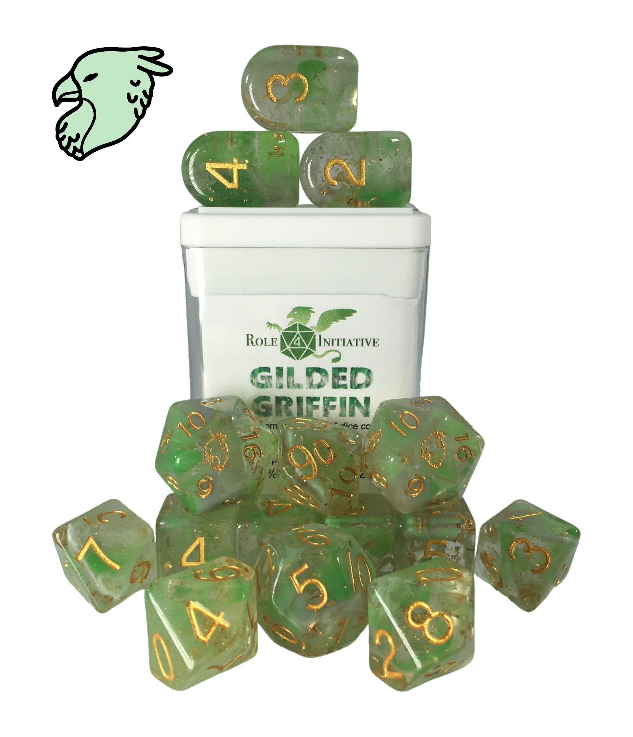 Role 4 Initiative Set of 15 Dice with Arch D4 Diffusion Gilded Griffin with Symbol