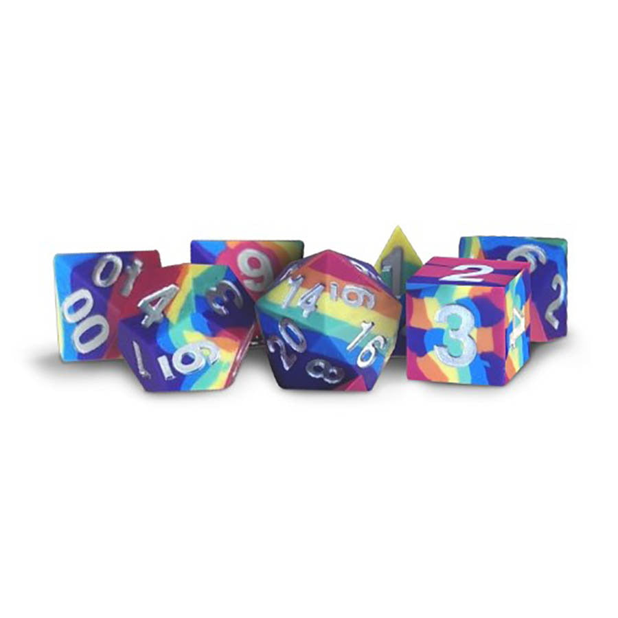 7 COUNT DICE POLY SET: 16MM SHARP-EDGE SILICON RUBBER: RAINBOW
