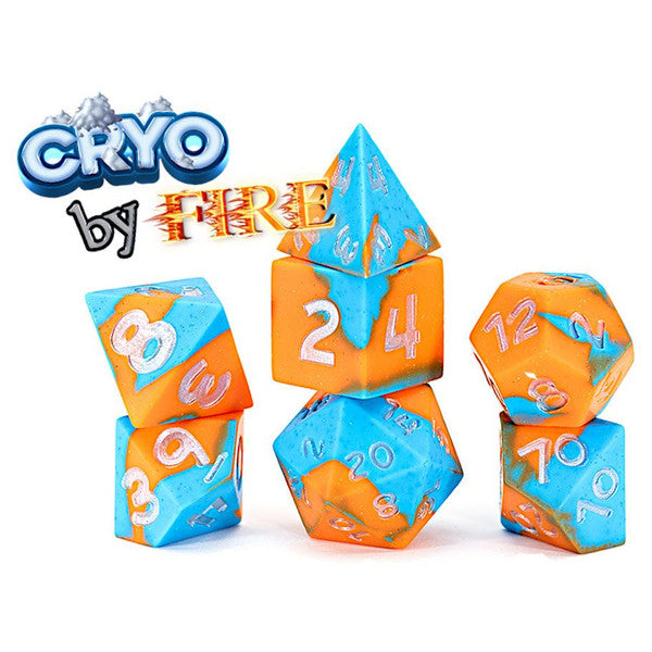 Anti-Stress Dice: Cryo by Fire - Blue and Orange Silicone with Sparkling Glitter (7 Polyhedral Dice Set)