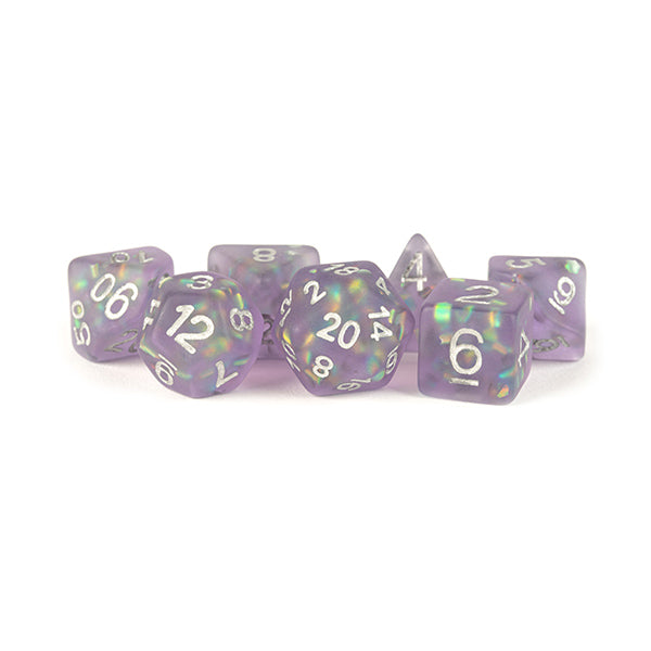 7-Die Set 16mm Resin Icy Opal: Purple w/ Silver Numbers