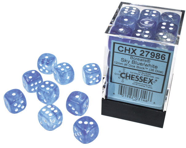 Borealis: 12mm d6 Sky Blue/white Luminary Dice Block (36 dice)