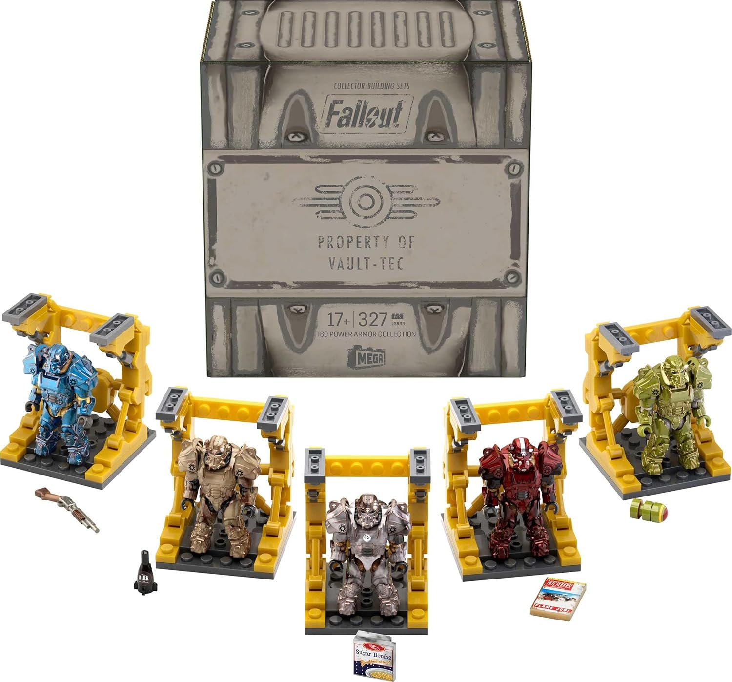 MEGA Fallout Action Figure Building Toy, T-60 Power Armor Collection with 327 Pieces, 5 Micro Action Figures and Accessories
