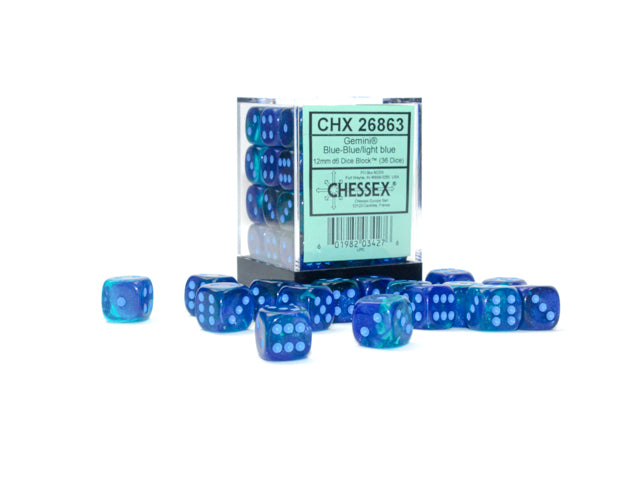 Gemini: 12mm d6 Blue-Blue/light blue Luminary Dice Block (36 dice)