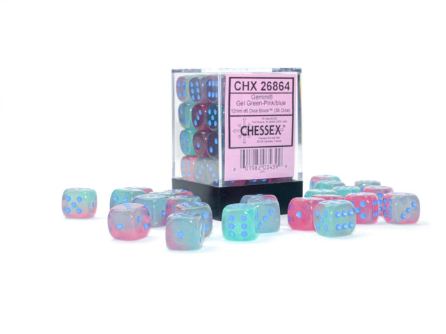 Gemini: 12mm d6 Gel Green-Pink/blue Luminary Dice Block (36 dice)