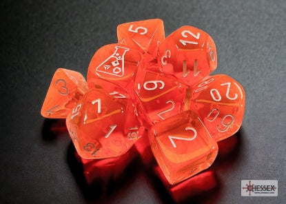 Lab Dice 7: Translucent Polyhedral Neon Orange/white 7-Die Set (with bonus die)