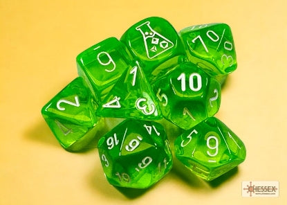 Lab Dice 7: Translucent Polyhedral Rad Green/white 7-Die Set (with bonus die)