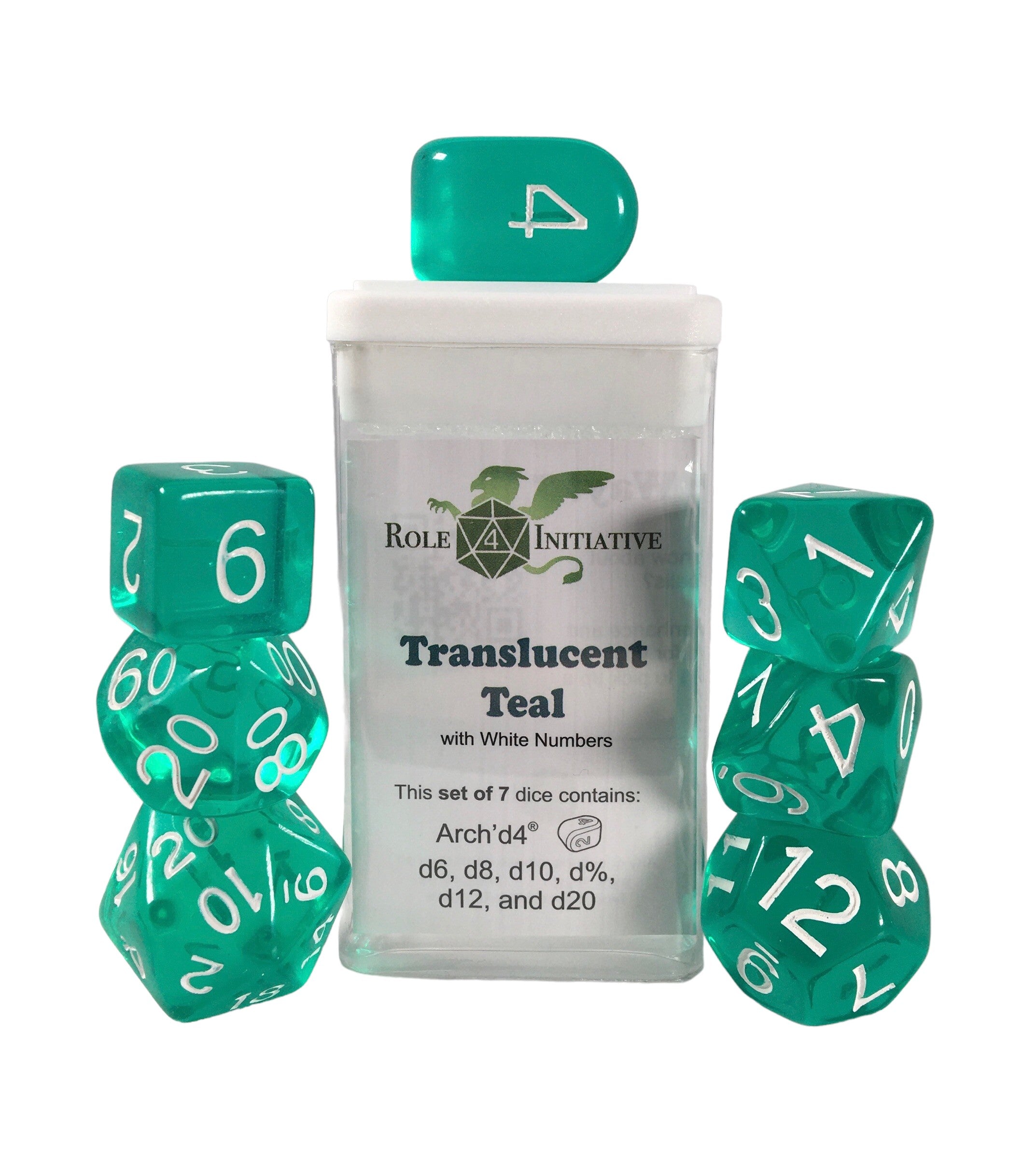 Role 4 Initiative Set of 7 Dice with Arch D4 Translucent Teal