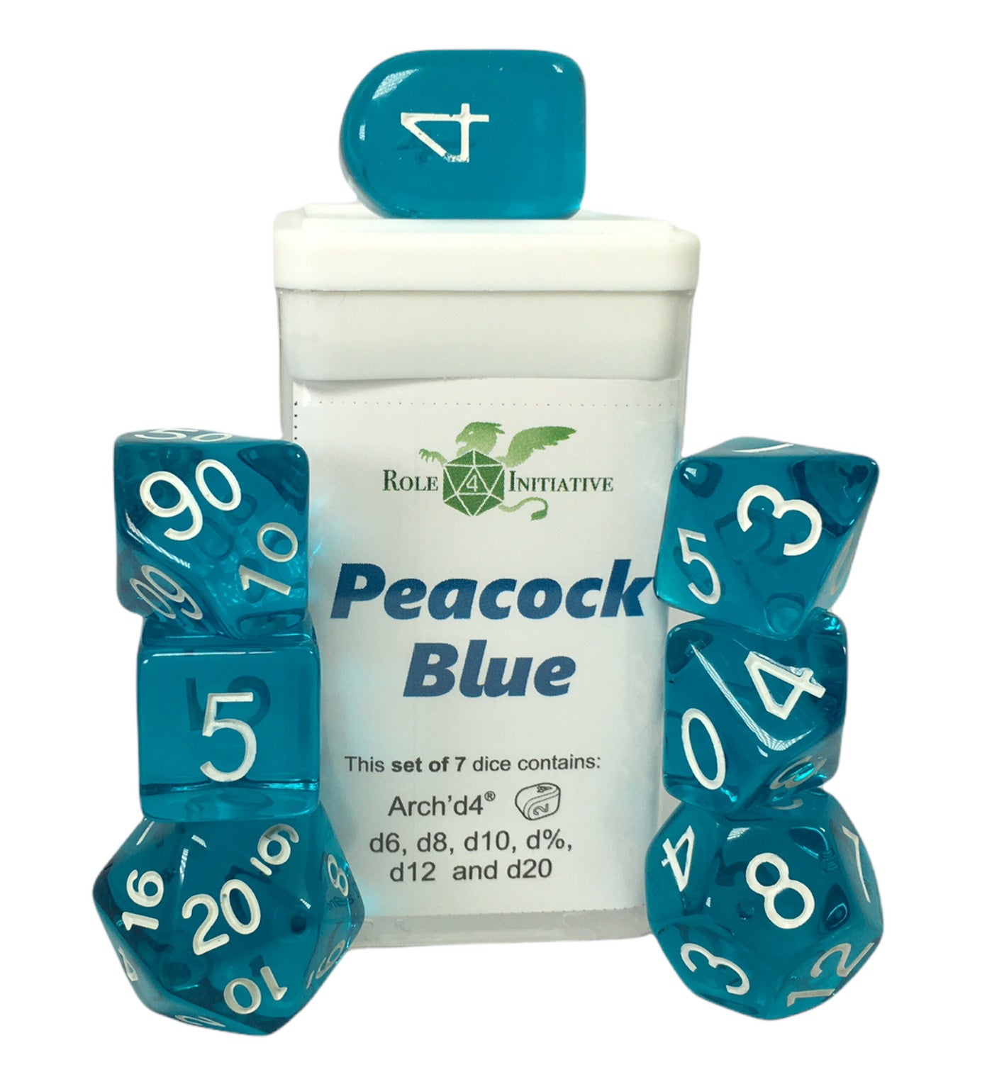 Role 4 Initiative Set of 7 Dice with Arch D4 Translucent Peacock Blue