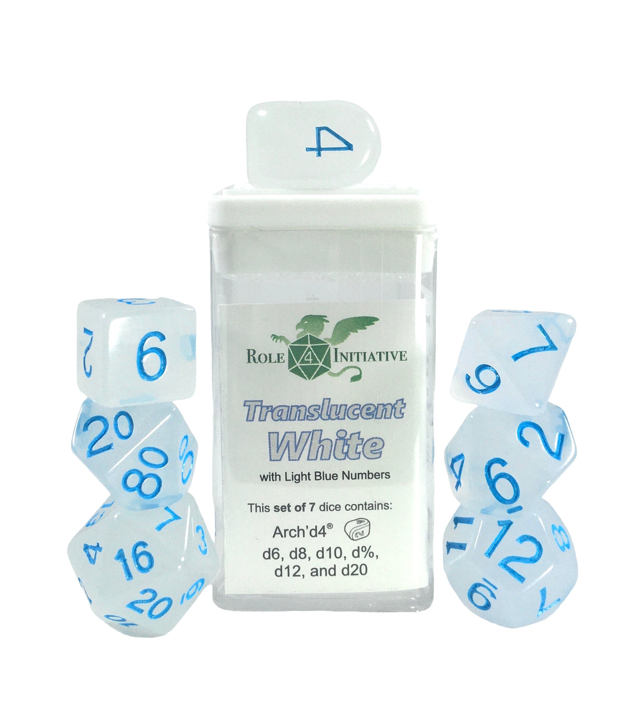Role 4 Initiative Set of 7 Dice with Arch D4 Translucent White with Blue