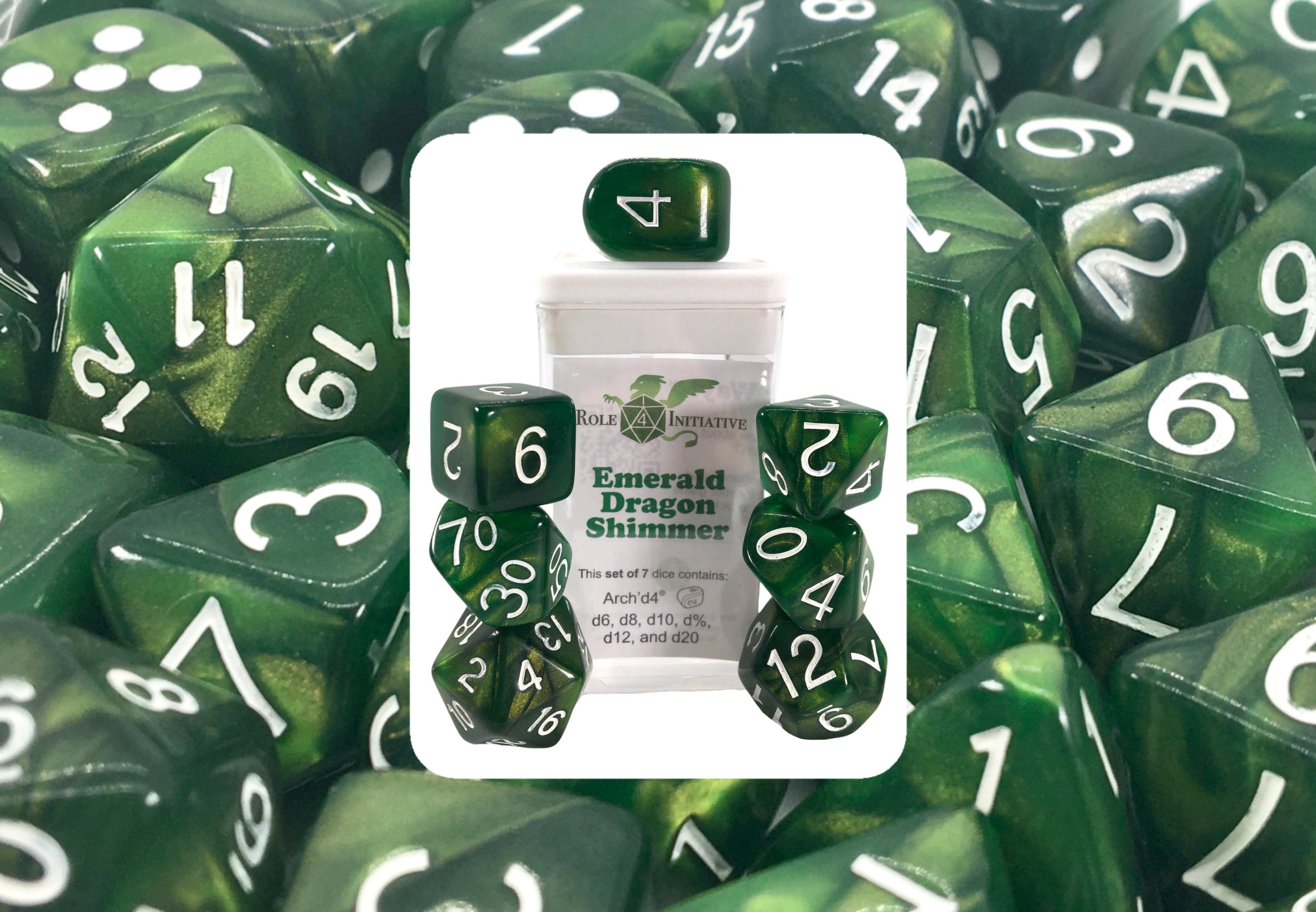 Role 4 Initiative Set of 7 Dice with Arch D4 Emerald Dragon Shimmer