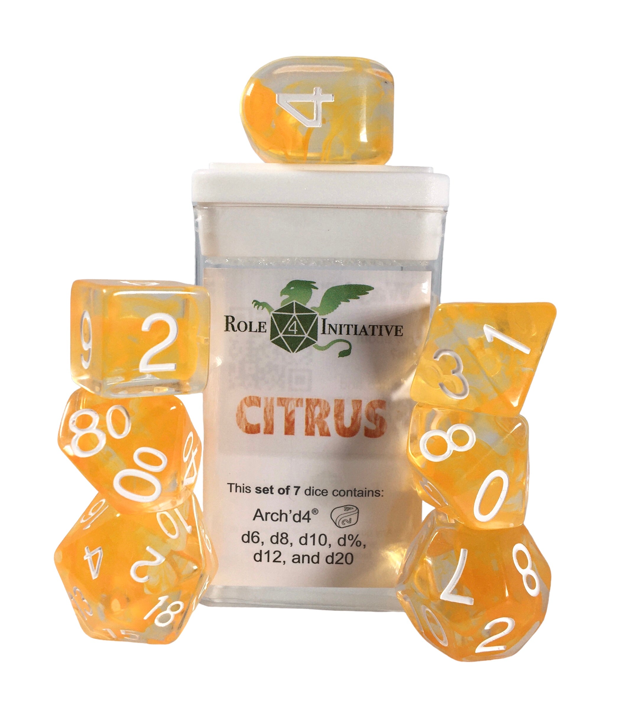 Role 4 Initiative Set of 7 Dice with Arch D4 Diffusion Citrus