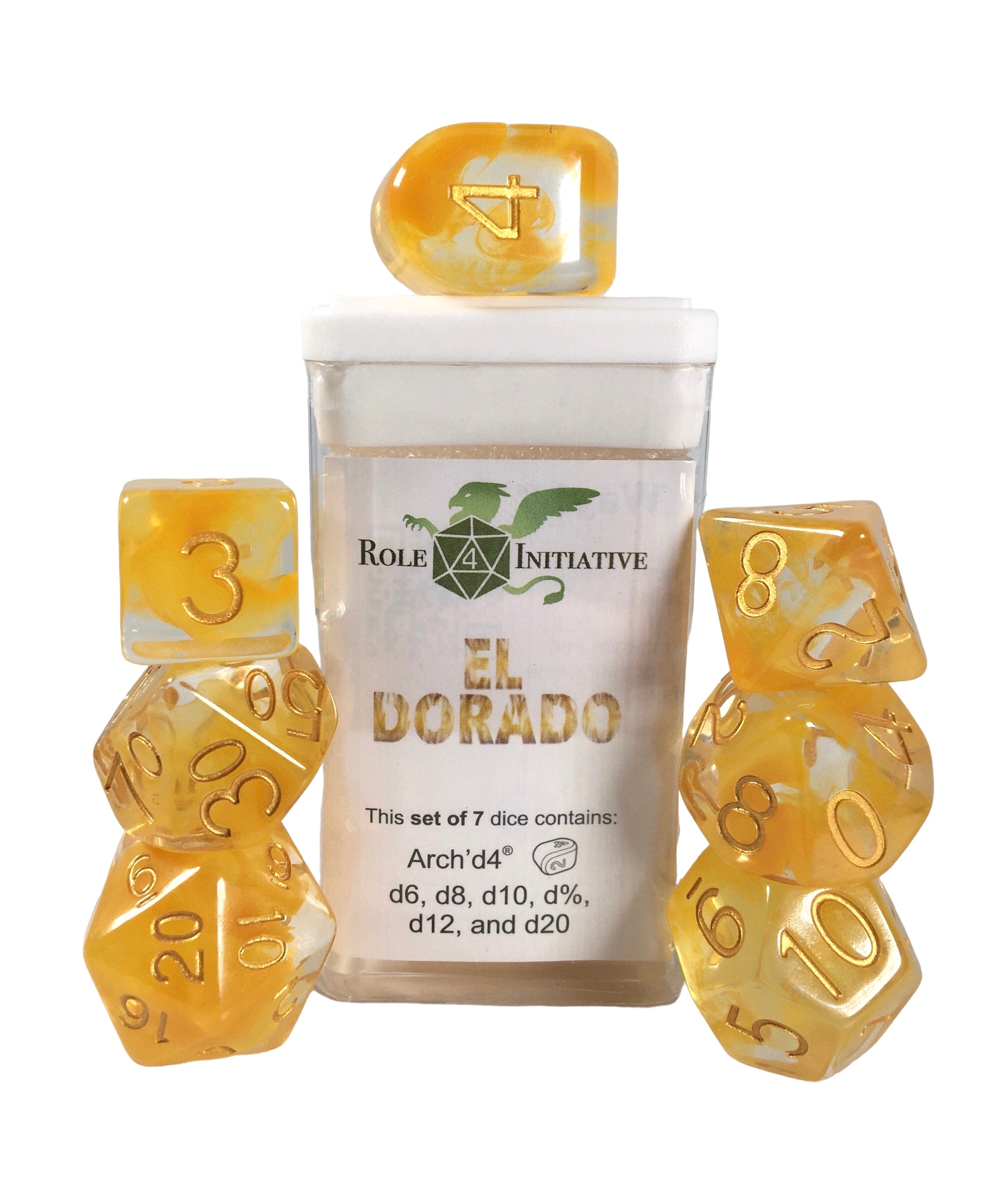 Role 4 Initiative Set of 7 Dice with Arch D4 Diffusion El Dorado