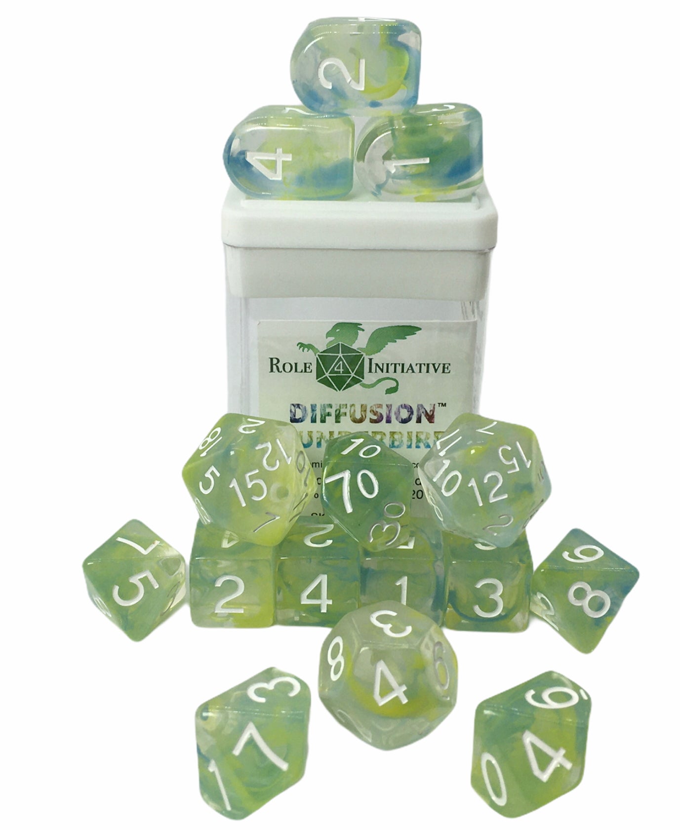 Role 4 Initiative Set of 15 Dice with Arch D4 Diffusion Thunderbird