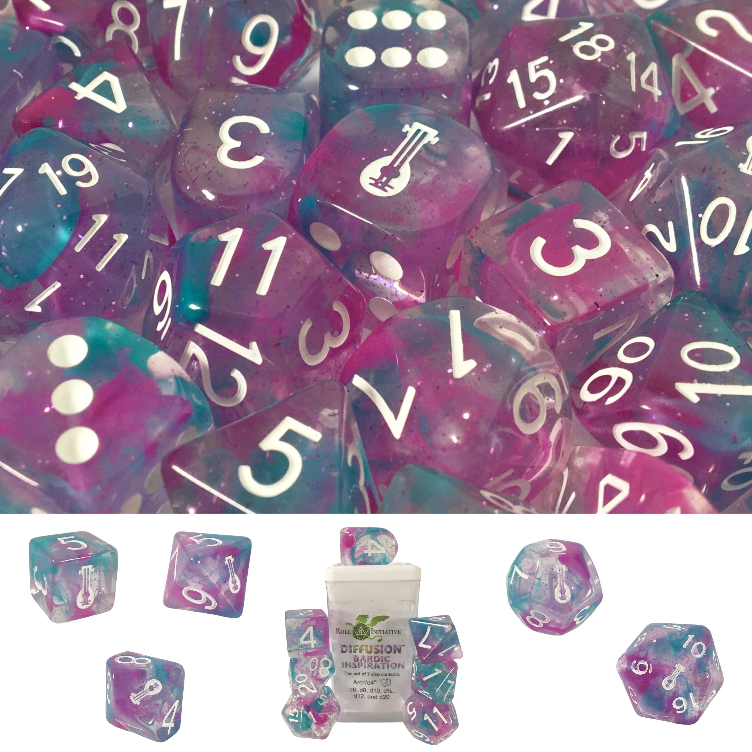 Role 4 Initiative Set of 7 Dice with Arch D4 Diffusion Bardic Inspiration with Symbol