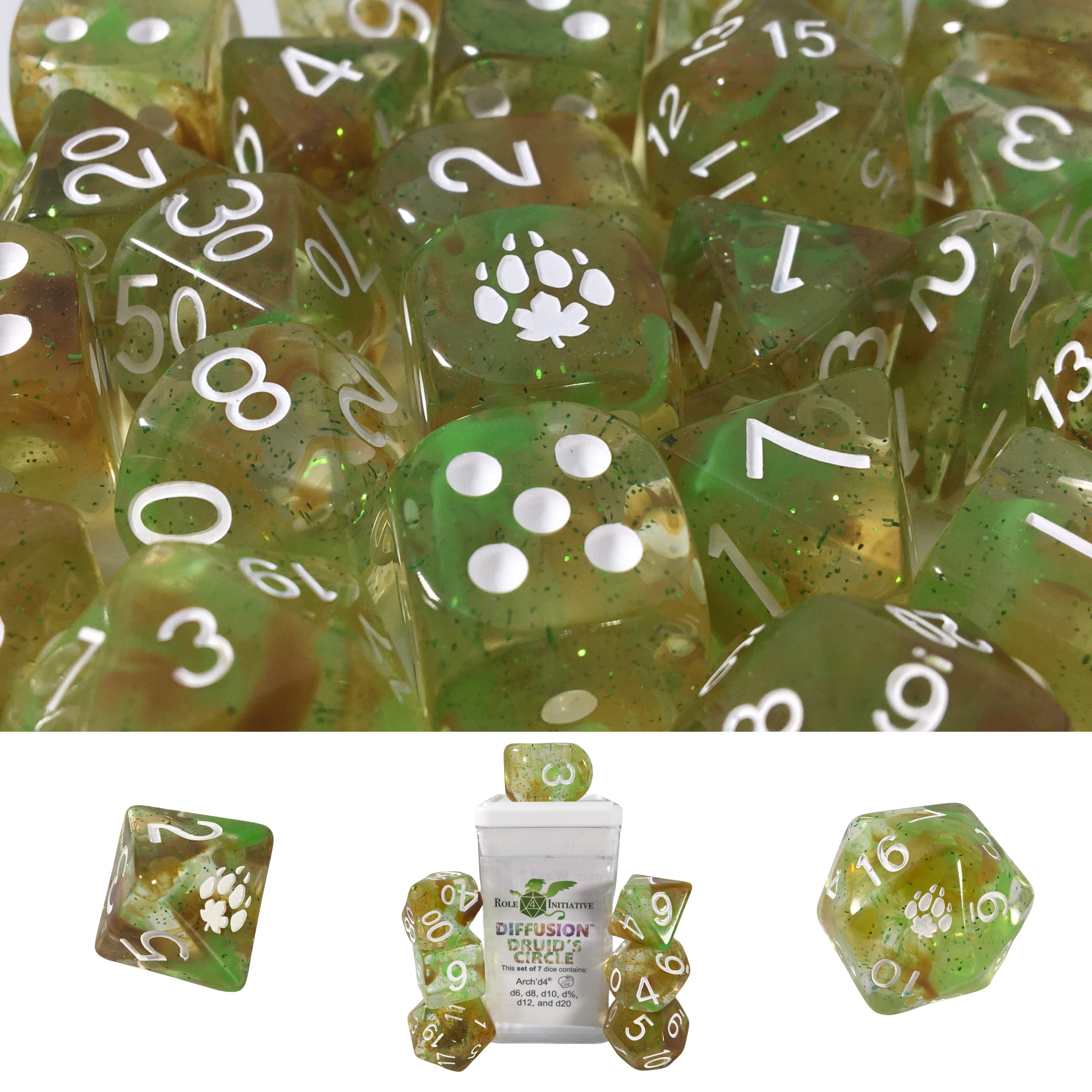Role 4 Initiative Set of 7 Dice with Arch D4 Diffusion Druids Circle with Symbol