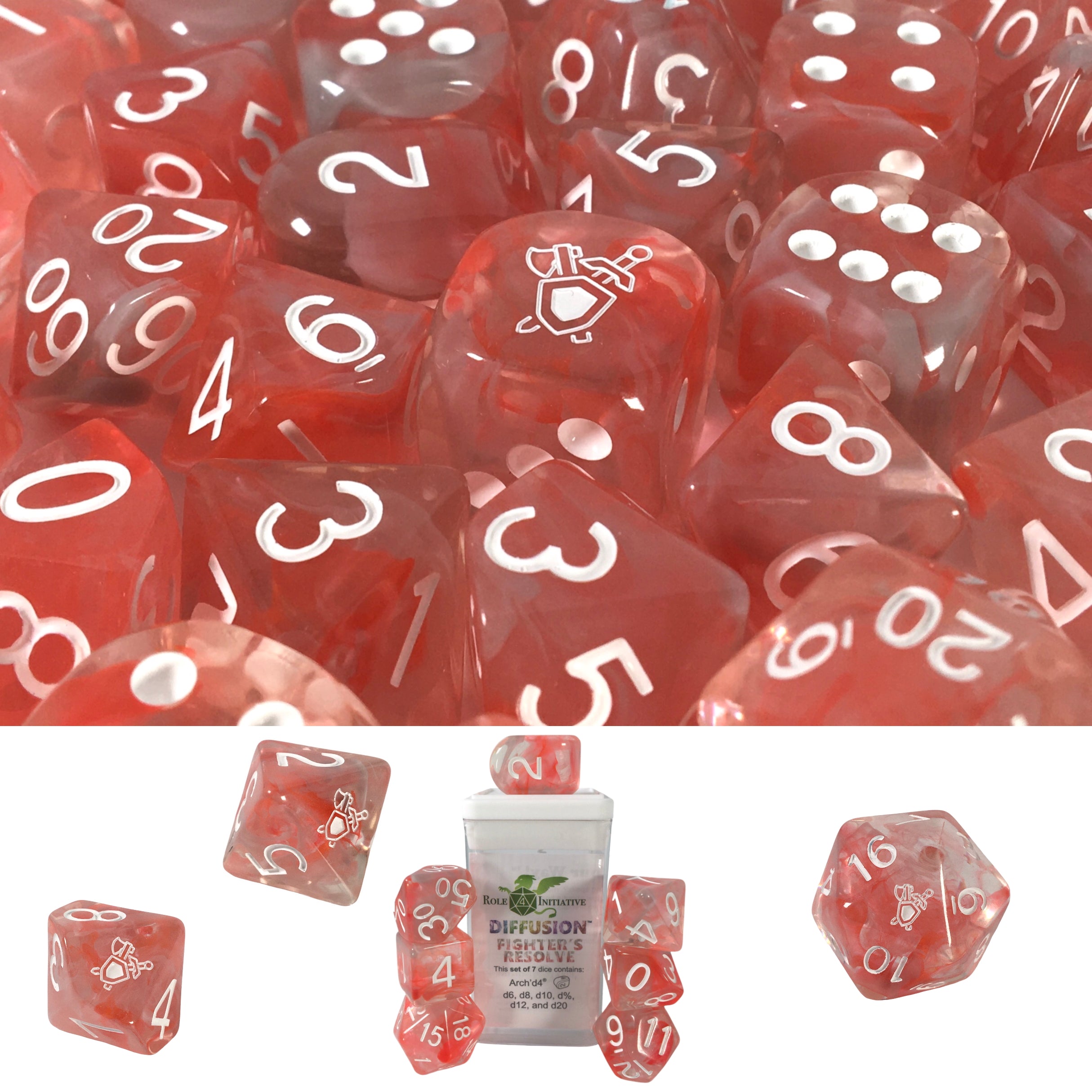Role 4 Initiative Set of 7 Dice with Arch D4 Diffusion Fighters Resolve with Symbol