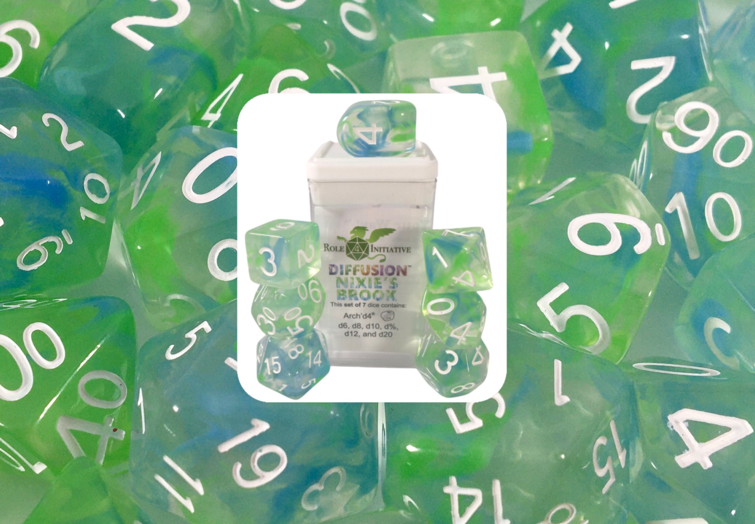 Role 4 Initiative Set of 7 Dice with Arch D4 Diffusion Nixies Brook