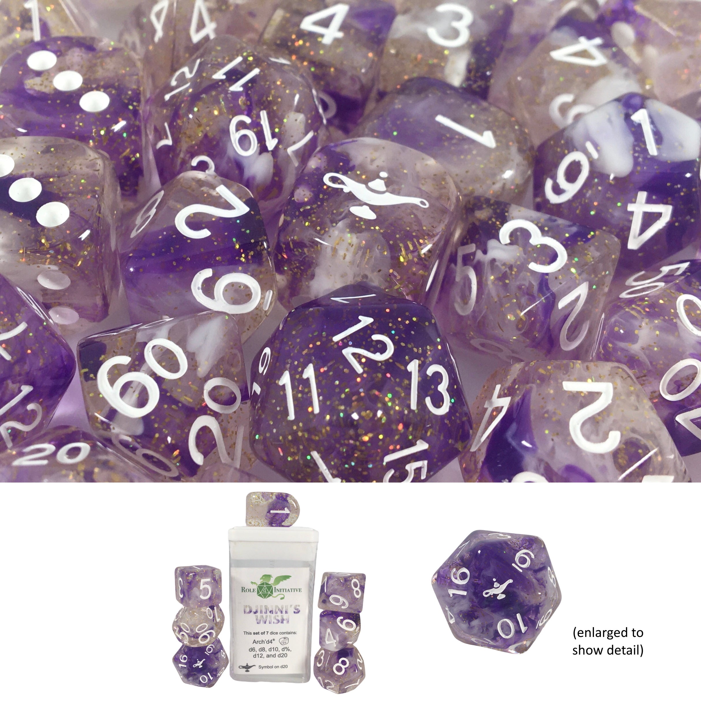 Role 4 Initiative Set of 7 Dice with Arch D4 Diffusion Djinnis Wish with Symbol