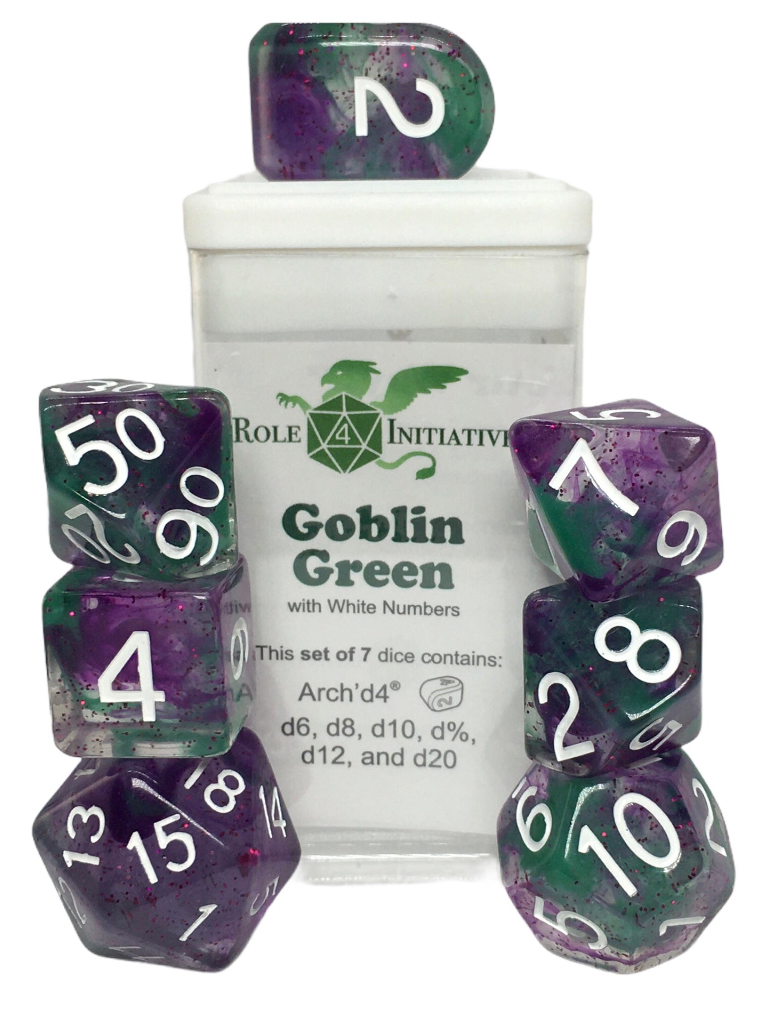 Role 4 Initiative Set of 7 Dice with Arch D4 Diffusion Goblin Green