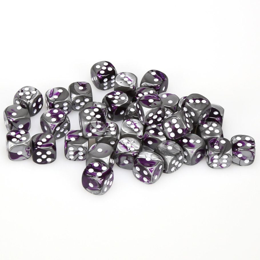 Chessex: Gemini Purple Steel/White 12mm D6 Dice Block (36)