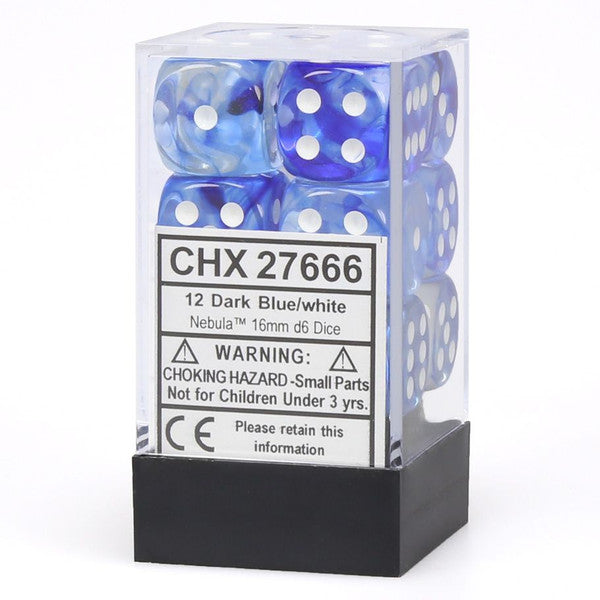 Chessex: d6 Cube 16mm Nebula Dark Blue with White (12)