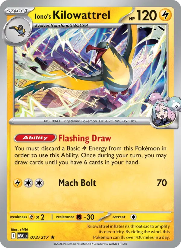 Iono's Kilowattrel (Poke Ball) - 072/217 - Reverse Holofoil