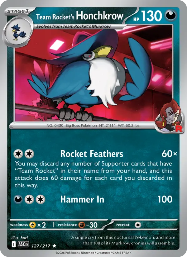 Team Rocket's Honchkrow (Energy Symbol Pattern) - 127/217 - Reverse Holofoil