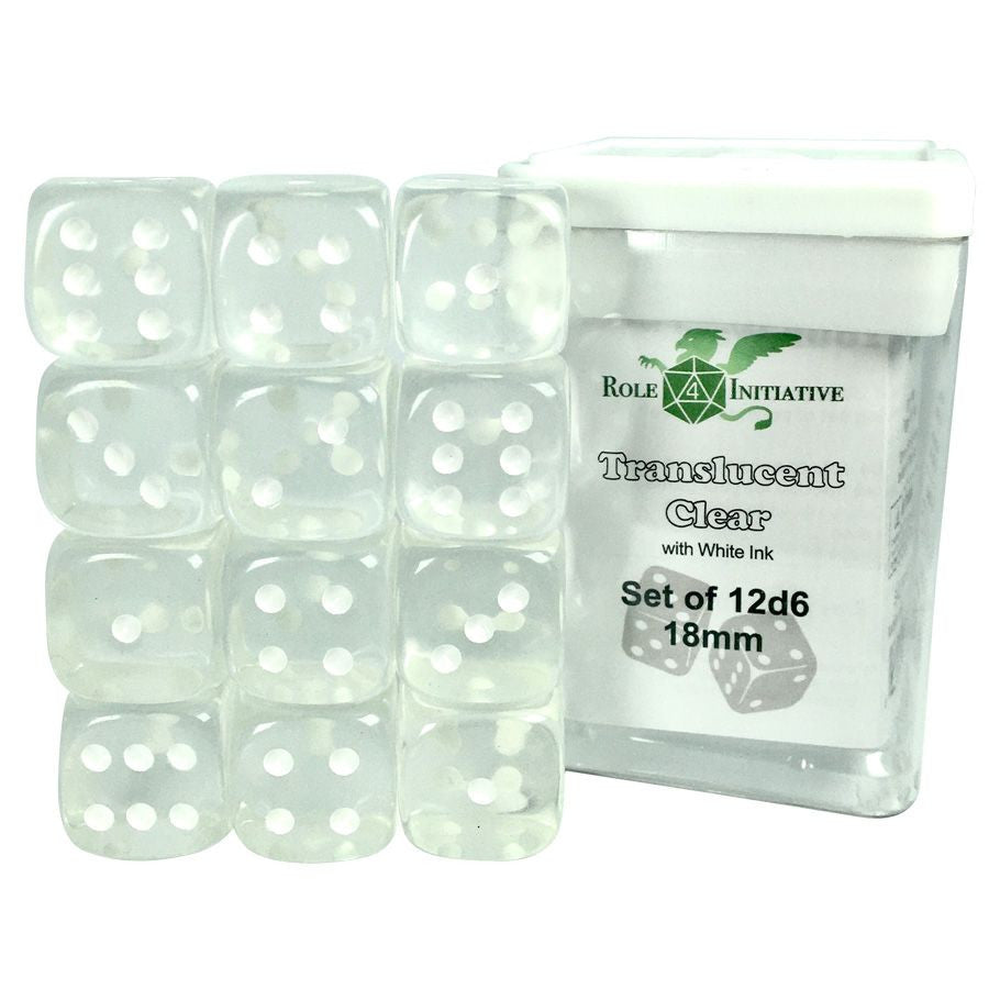 Roll 4 Initiative d6 Cube 18mm Translucent Clear with pips (12)