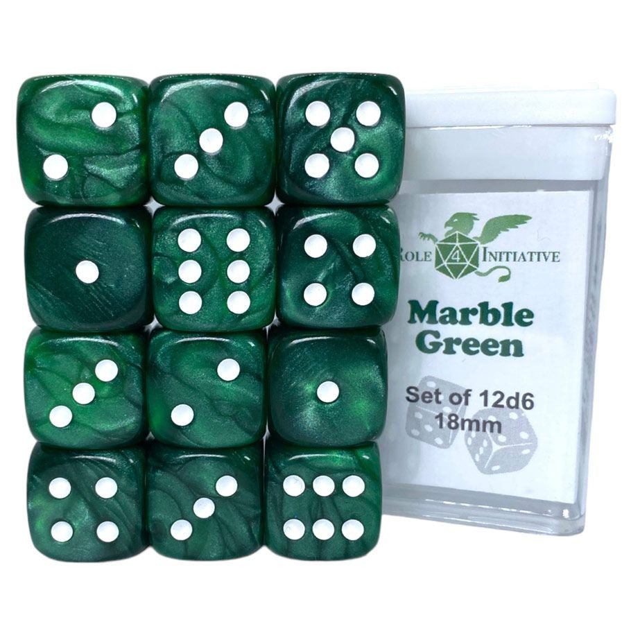 Roll 4 Initiative d6 Cube 18mm Marble Green with pips (12)