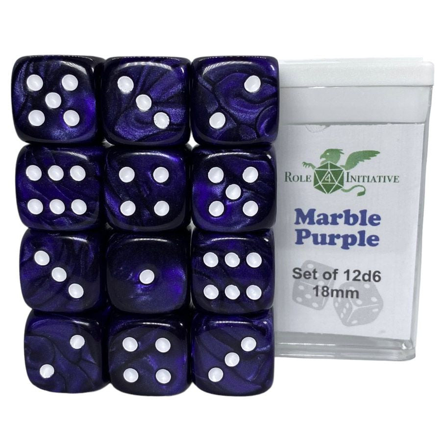 Roll 4 Initiative d6 Cube 18mm Marble Purple with pips (12)