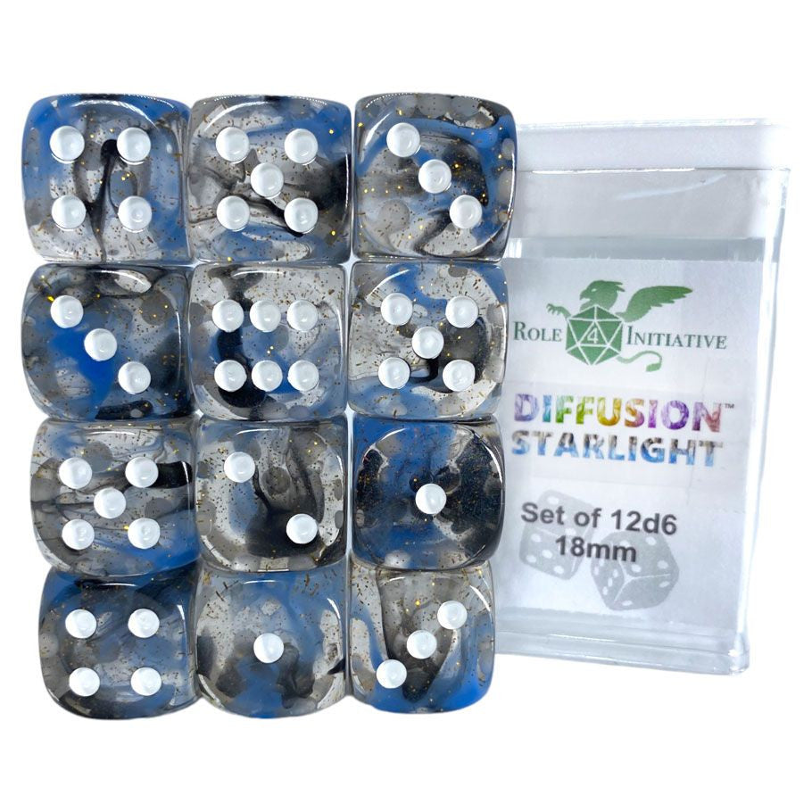 Roll 4 Initiative d6 Cube 18mm Diffusion Starlight with pips (12)