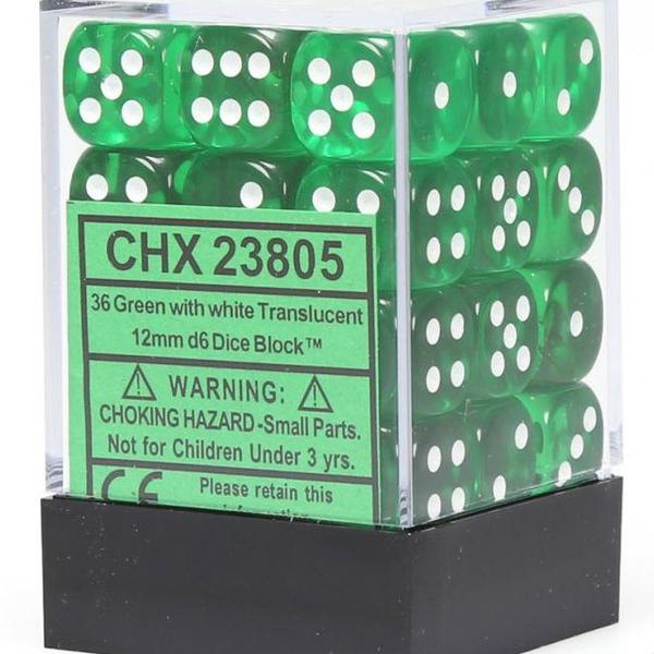 Translucent Green/White 12mm D6 (36 dice)