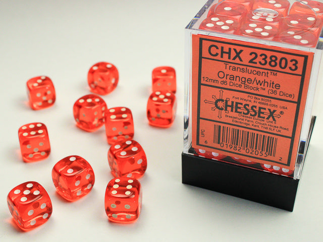 Translucent Orange/White 12mm D6 (36 dice)