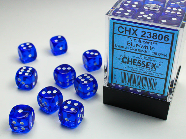Translucent Blue/White12mm D6 (36 dice)