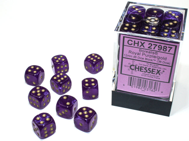 Borealis Luminary Royal Purple/Gold 12mm D6 (36 dice)